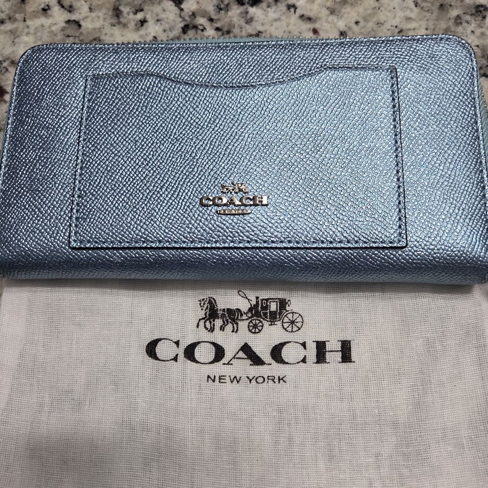 Coach Metallic Light Blue Accordion Wallet, w/Dustbag & Coach Shopping Bag